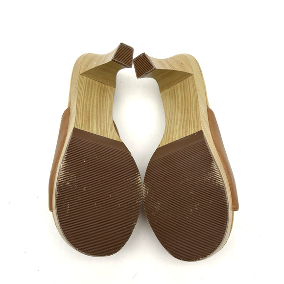 Vintage 00s Y2K Xhilaration Tan Faux Leather Wooden Block Heel Open Toe Pumps 8 - Picture 15 of 16
